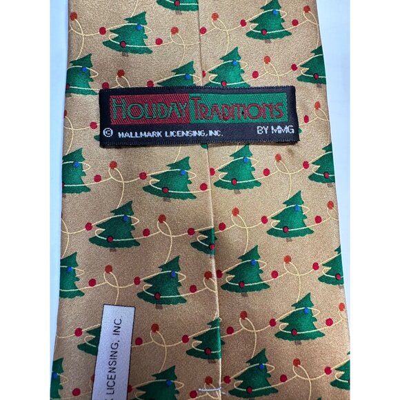 Holiday Traditions Christmas Tree Pattern Silk Tie Gold & Green By Hallmark Lice - Picture 7 of 8
